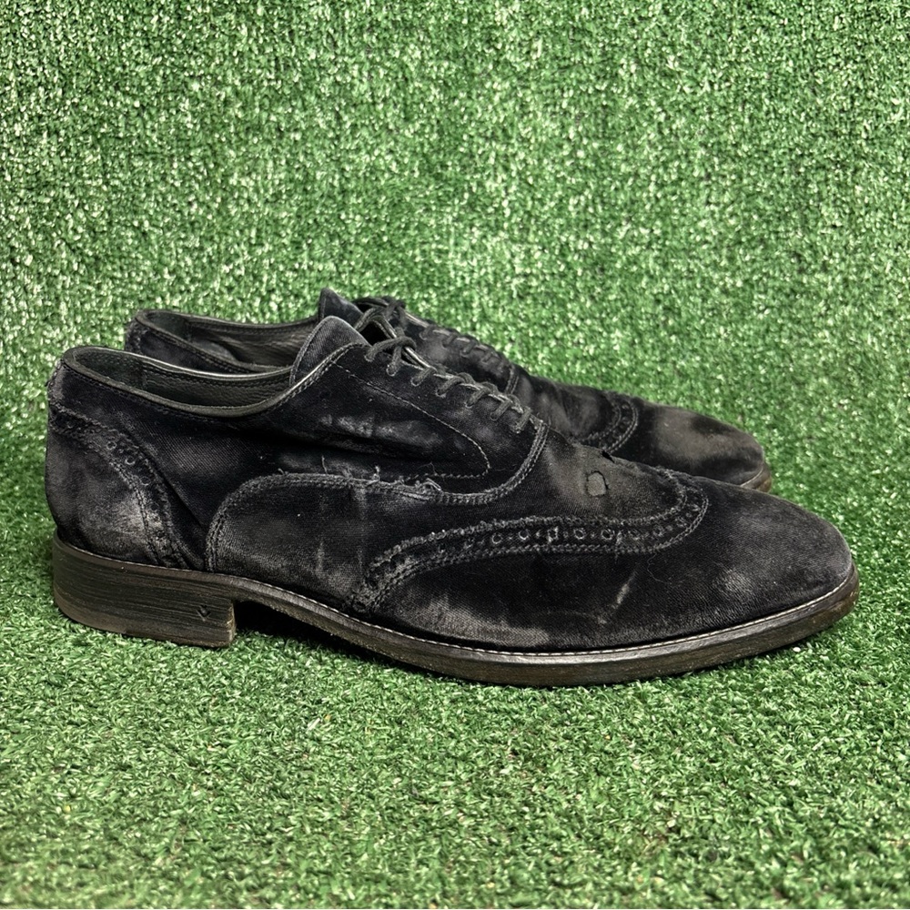 $598 John Varvatos Black Velvet Distressed Rugged Wingtip Oxfords Mens Size 10.5